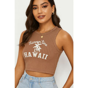 Palm Tree & Letter Graphic Ribbed Knit Crop Tank Top